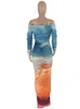 Basic Casual Dresse Gradient Tie Dye Printed Off Axel Long Sleeve Maxi Midi Bodycon Ruched Dress 2023 Sexy Party Club Female 230822