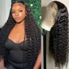 Syntetiska peruker 13x4 HD transparent spets främre mänskliga hår Deep Waval Wig Curly for Black Women 230821