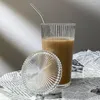 Copas de vino Copa de vidrio de rayas simples con tapa y paja Burbuja transparente Té Jugo Cerveza Leche Tazas Taza de desayuno Vasos para el hogar