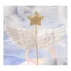 Party Decoration Angel Wings Satin Tassel Cupcake Toppers - Elegant Baby Shower Cake Decor With Little Star Design In White Pink Blu Dhyfx