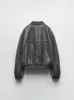Kadınlar Deri RR2497 Sokak Giyim Soluk Etkili Bombacı Ceketleri Kadınlar Vintage Kısa Kırpılmış Sahte Ceket Kadınlar Yüksek Boyun Pu Learher Coats