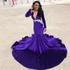 Robes de bal sirène en velours violet col en V profond appliqué perlé manches longues robes de soirée grande taille balayage train fête formelle Dres279Z