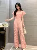 Frauen zweisteuelhafte Hosen Koreaner Sommerstil Promi Set Spitze V-Ausschnitt Kurzarm Top High Taille Wide Bein Sets