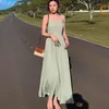 Casual Jurken Japans Strand Lange Zomerjurk Dames Seaside Holiday Party Groen Sling Vierkante Kraag Sexy Backless Gewaad Y2k