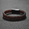 Charm Bracelets Fashion Men Jewelry Black/Red Braided Leather Bracelet Titanium Steel Magnetic Clasp Bangles Male Gift