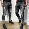 Erkek şık yırtık sıska ince kot pantolon moda tasarımcısı yıkanmış fermuarlı panelli bisikletçinin düz yıpranmış streç denim pantolon sokak giysisi217q