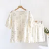 Pyjama en crêpe doux en coton pour femmes, vêtements de nuit d'été, manches courtes, Short, vêtements de maison, ample, imprimé Floral, ensemble