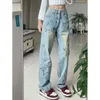 Women's Jeans High Street Boyfriend Style Raw Edge Star Applique Embroidered Loose Straight Waist Drape Wide Leg Pants Trendy 230821