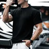 Herr t skjortor fritid fast färg elastiska smala t-shirts för män sport fitness kläder sommar o nack kort ärm mode ribbed skjortan mens