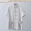 メンズドレスシャツの男性薄袖のシャツシルキーコットンリネン中国スタイル夏レトロ