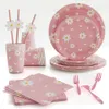 Autres fournitures de fête d'événement Daisy Thème Anniversaire Décor Rose Vaisselle jetable Assiette en papier Serviette pour bébé douche mariage 230822