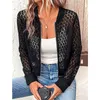 Chaquetas de mujer Abrigo de mujer Abrigo de encaje fino Cremallera Decoración Color sólido Cuello de soporte Ver a través de Hollow Out Slim Manga larga Moda Cardigan