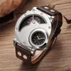 Oulm moda srebrna obudowa męskie zegarki podwójna strefa czasowa pu skórzana ręka