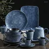 Plates Fabric Pattern Dinnerware Set Ceramic And Bowls Dishes Retro Blue-Black Tableware 13/20/25PCS Serving For 4/6/8