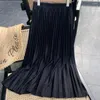 Saias elegantes longas mulheres sólidas plissadas midi cintura elástica maxi saia coreana moda preta jupe longue femme