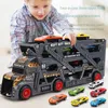 Diecast Model The Little Bus Big Container Truck Storage Box Parking Lot With 3 12 Pull Back Mini Car Toy Kids Birthday Gift 230821