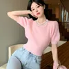 Women's Sweaters Heavyduty Beaded High Waist Short Chic Sweater Summer Design Niche Sweet Tight Slimming Shortsleeved Top 230822