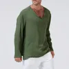 Męskie koszule 2023 Fall Casual T-shirt dla męskich lniane topy luźne długie rękaw V Pullover Men TEE Ubranie Wyprzebitny kolor stały kolor