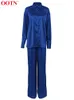 Damen zweiteilige Hosen Ootn Büro Blau Satin Sets weibliche elegante Langarm Turnenhark Hemd GLASTE Taille Weitbein Anzüge Frauen Herbst 230821