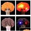 Andra evenemangsfestleveranser LED Light Headgear Flash Explosion Head Wig Prom Clown Fans Carnival Cap Hat Fan ADT Child Curly Hair P DHY2O