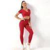 Active Sets Ribbed Seamless Yoga Set 2 Piece Sport Suit Women Workout Short Sleeve Gym Crop Top High Waist Leggings Fitness