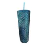 Waterflessen dubbele laag ijs ijskunde coffee cup glitter/normaal rhombus patroon bpa gratis met deksel en stro drink drinkware