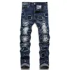 Donkerblauwe klinknagel gat heren jeans mode slanke stretch gat patch kleine rechte denim broek lente herfst punk stijl streetwe221y