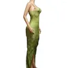 Stage Wear Ladies Dance Costume Green Pattern Printing Split Fork Dress Rhinestones Floor-Length Fringes Nightclub Show