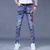 Men's Jeans Fashion Printed Korean Brand Embroidery Badge Pattern Youth Ripped Small Feet Teenagers Cowboy Pencil Pants 230822