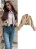 Women's Jacket's Short Jacket Khaki Croped Trench Coat Lapel Collar Top Long Sleeve Jackets With Belt Female Spring Streetwear 230821