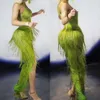 Stage Wear Ladies Dance Costume Green Pattern Printing Split Fork Dress Rhinestones Floor-Length Fringes Nightclub Show