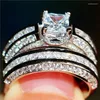 Cluster Rings Luxury Princess-Cut White Topaz Set 2-In-1 Engagement Wedding Ring Finger For Women 10kt Gold Plated Smycken