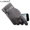 LA SPEZIA Mens Suede Gloves Touch Screen Male Navy Blue Velvet Gloves Thermal Solid Patchwork Leather Autumn Winter Mittens Men 20236K