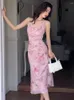 Casual jurken Zomer Fairy Lange jurk voor vrouwen Elegante zoete roze print sexy riem slanke midi feest strand gewaad femme mujer vestidos straat