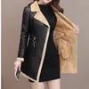 Veste en cuir pour femme, taille ample, automne-hiver, fausse veste polaire, Slim, longs manteaux pour dames, manteau en PU, revers, coupe-vent 3XL