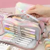 Estojo de lápis para aprendizagem, estojo grande para caneta escolar, bolsa fofa de papelaria multifuncional kawaii, material escolar