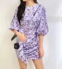 Maje Purple Printed Ruffle Edge Dress High midje Slim Fit Lantern Sleeve Kort kjol