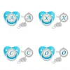 Luxury Blue Pacifier Chain Clips with Lid Name Initial Letter Silicone Nipple Holder Personalized Pacifiers Newborn Baby Shower