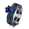 Anillos de racimo Garilina, joyería de diseño Individual, conjunto de Zirconia cúbica azul profundo para mujer/hombre, anillo plateado con pistola negra, tamaño 6 7