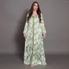 Etniska kläder ljusgrön rund nacke kvinnors lotus blad tryckt mantel elegant klänning abaya muslimsk jalabiya islamisk för kvinnor