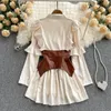 Work Dresses Spring Korean OL Blouse Belt 2 Piece Sets Women Long Sleeve Single-Breasted Ruffles White Shirt Dress PU Girdle Suits