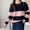 Kvinnors tröjor stripe pullover tröja för kvinnor på hösten och vinterkoreansk version Lossa utländsk luftfärgkontrast Rund hals QWI5