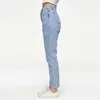 Frauen Jeans Frühling Sommer Frauen gerade Bein Mode Knie gerissene hohe Taille lose Frau lässig bequeme blaue Jeanshosen