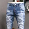 Jeans masculino Moda de moda de rua retro azul claro trecho slim slim rasgou remendado designer vintage elástico calças de jeans hombre