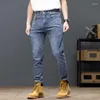 Herr jeans vår sommar avslappnad smal fit rak klassisk fast färg svart blå denim byxor trend applikationer streetwear