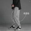 Herrbyxor sommar tunna män mode vintage pläd japansk streetwear hip-hop lösa raka män byxor m-3xl
