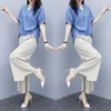 Women's Two Piece Pants Cotton Linen Suits Women Clothing Short Sleeve Tops Loose Korean Thin Elastic Waist Wide-leg Lady Two-piece Sets