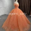 Orange col transparent princesse Quinceanera robes à manches courtes Gillter paillettes perlées à lacets Corset vestidos coing anos