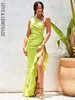 Urban Sexy Dresses LOVE LEMONADE Bright Green Off The Shoulder Cutout Ruffled Reflective Satin Party Maxi Dress LM82202 A 230822