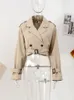 Women's Jacket's Short Jacket Khaki Croped Trench Coat Lapel Collar Top Long Sleeve Jackets With Belt Female Spring Streetwear 230821